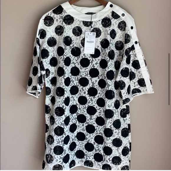 NWT Zara Polka Dot Lace Dress Black/White Size S - Picture 4 of 9